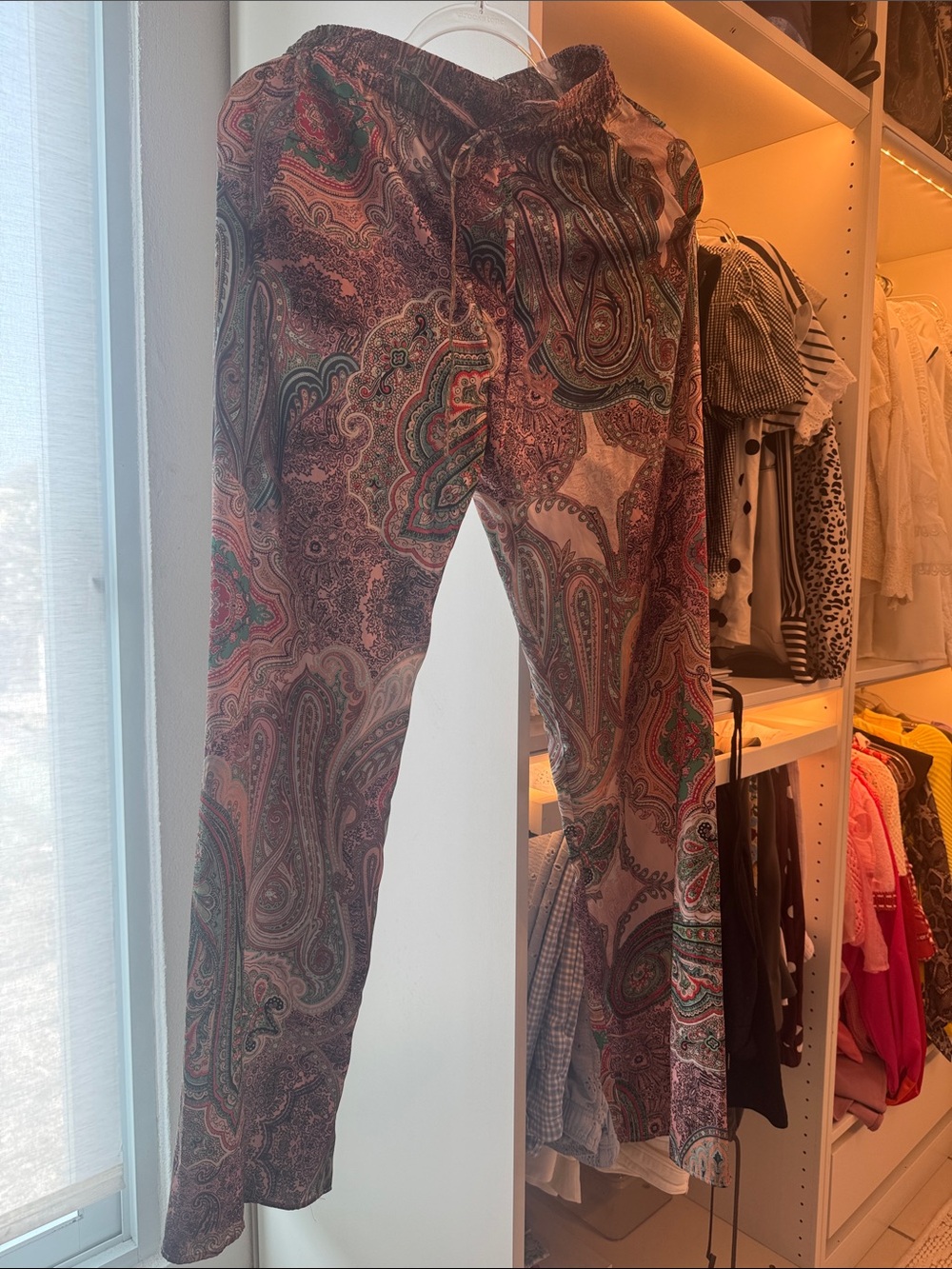 Zara Paisley Satin Dress Pants in Brown, Green & Pink